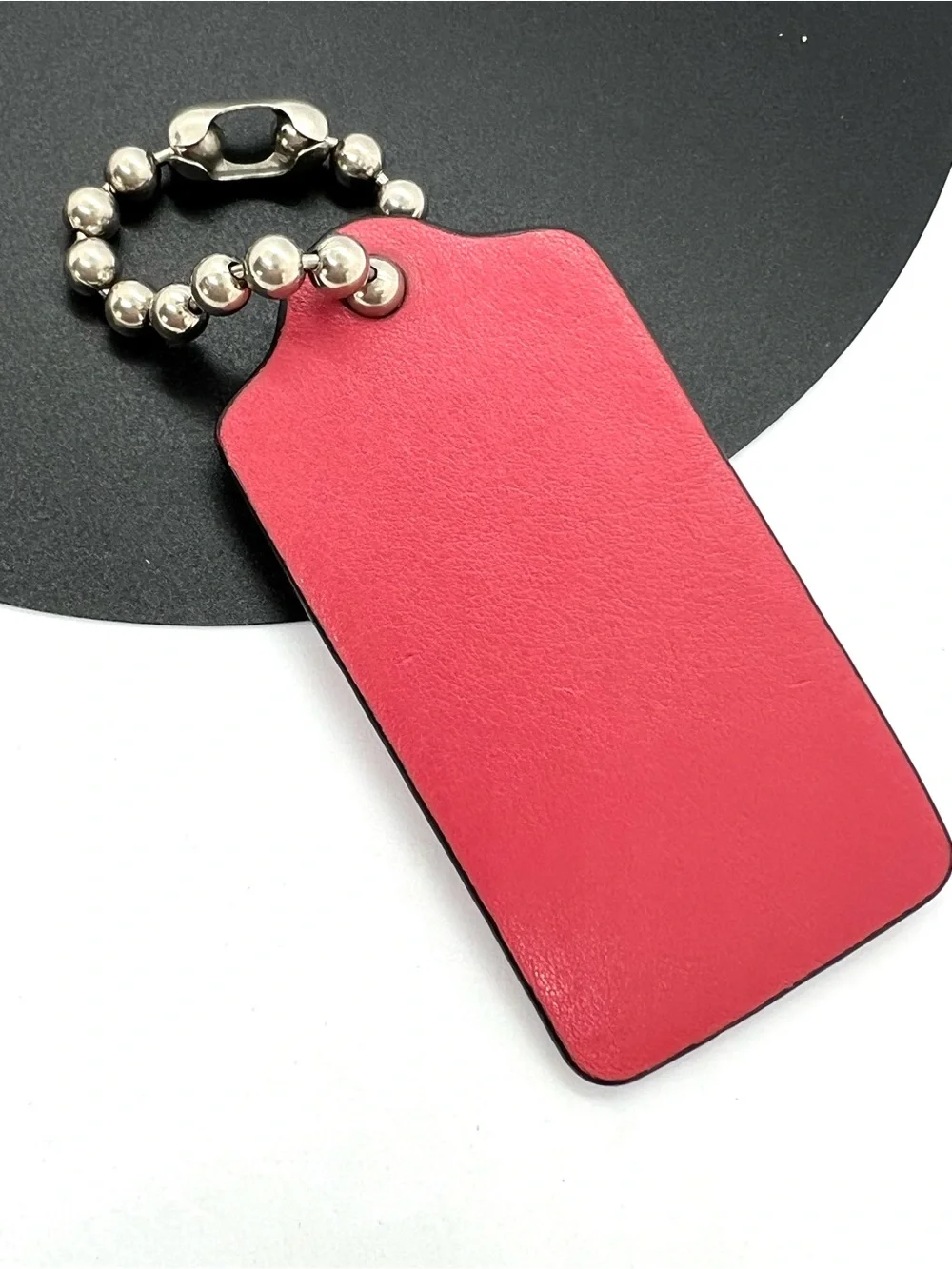 COACH Pink Coral XL 3” Leather Hang Tag Bag Charm Replacement Fob Silver Chain
